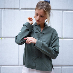Mandarin Linen Jacket Khaki Green